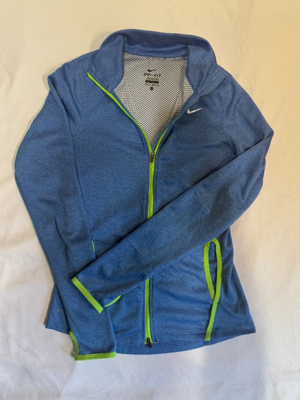 Nike Dri-Fit Full Zip Womens Running Jacket Heather Blue Neon Green Sz XS